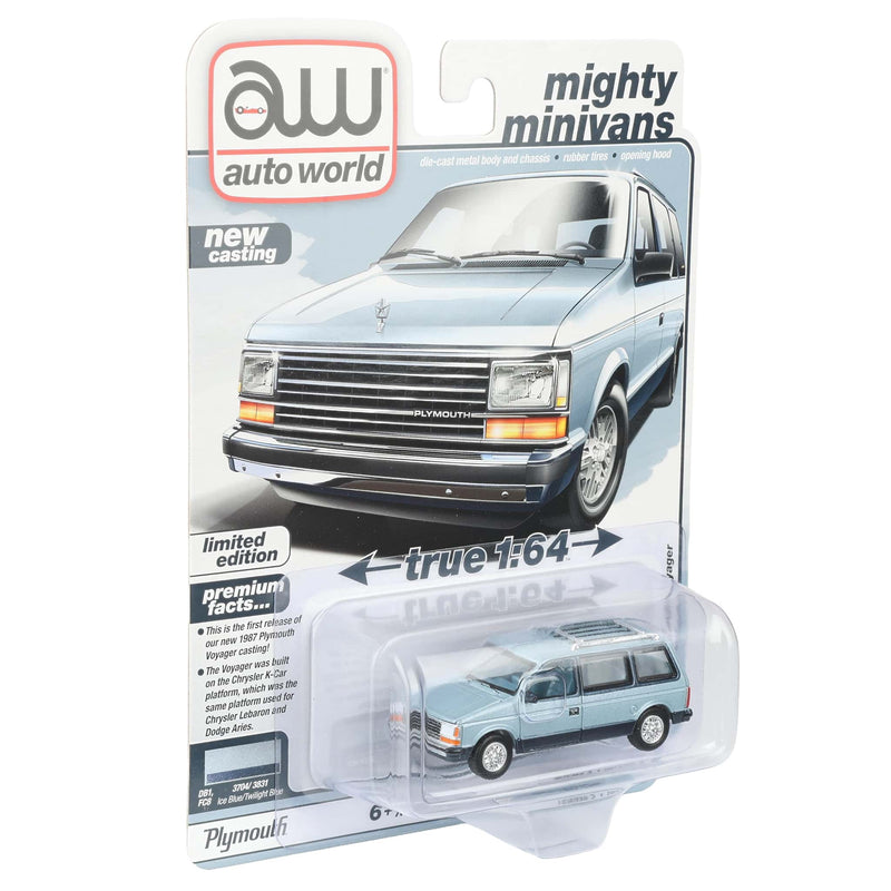 1/64 1987 Plymouth Voyager, Ice Blue & Twilight Blue, Auto World Mighty Minivans