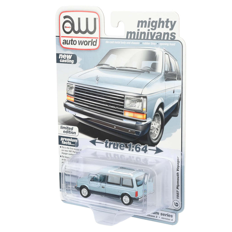 1/64 1987 Plymouth Voyager, Ice Blue & Twilight Blue, Auto World Mighty Minivans