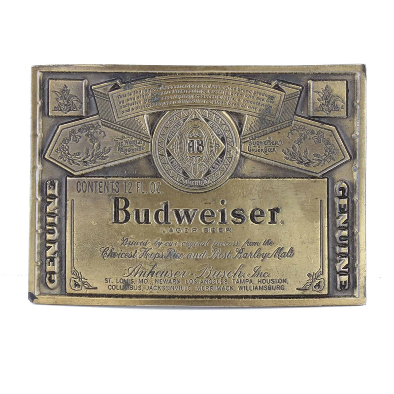 Vintage 1970s Budweiser Beer Label Brass Belt Buckle by Lewis Buckles