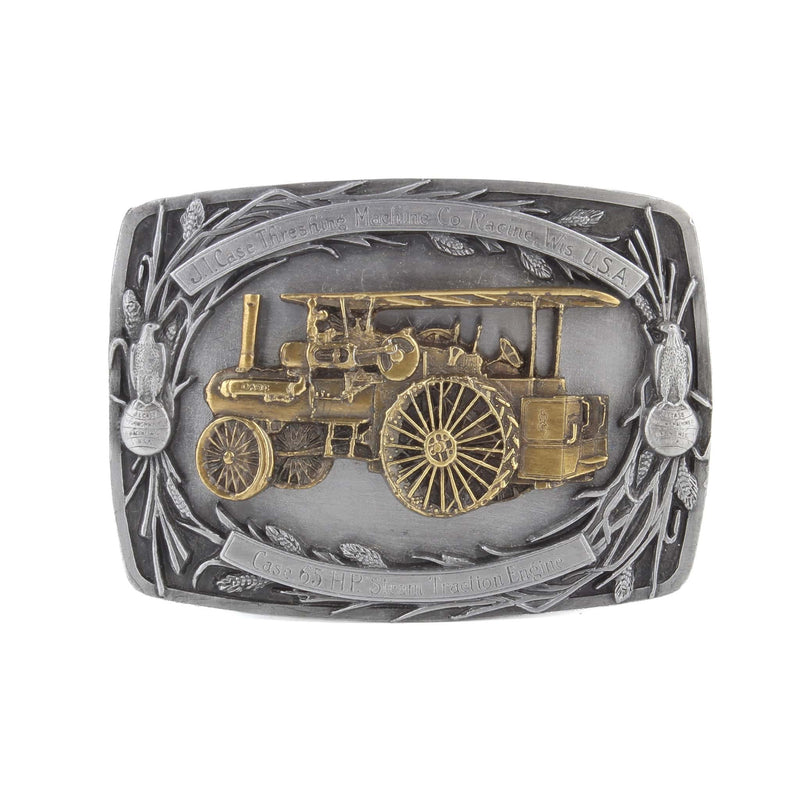 Vintage JI Case Threshing Machine Co 65 HP Steam Traction Engine Pewter & Brass Belt Buckle