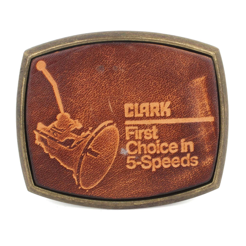 Vintage Clark First Choice in 5 Speed Transmissions Leather & Brass Belt Buckle by El Cid