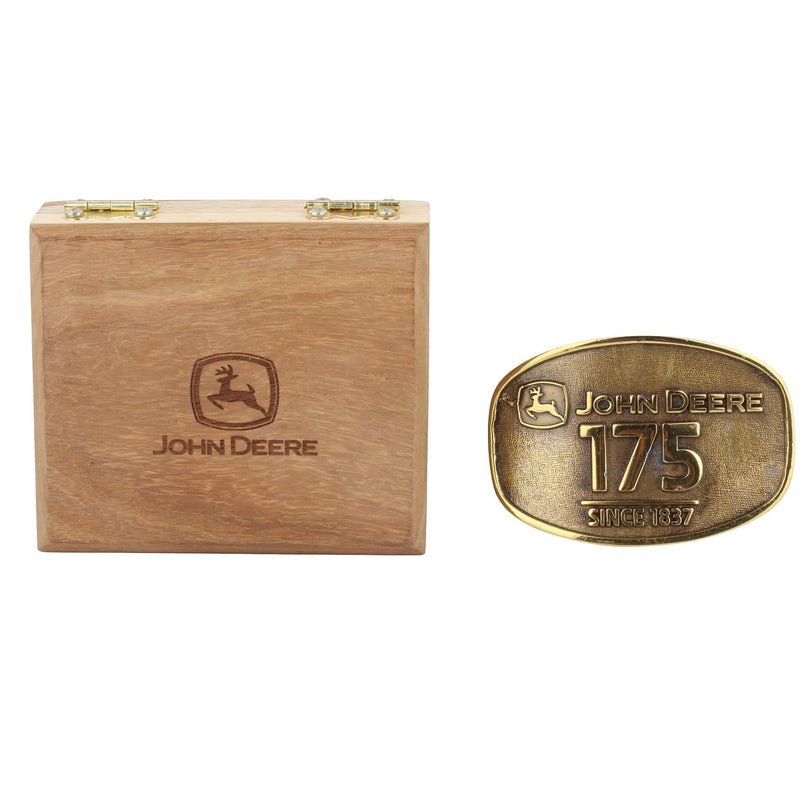 Vintage John Deere 175th Anniversary Solid Brass Belt Buckle in Custom Wood Case