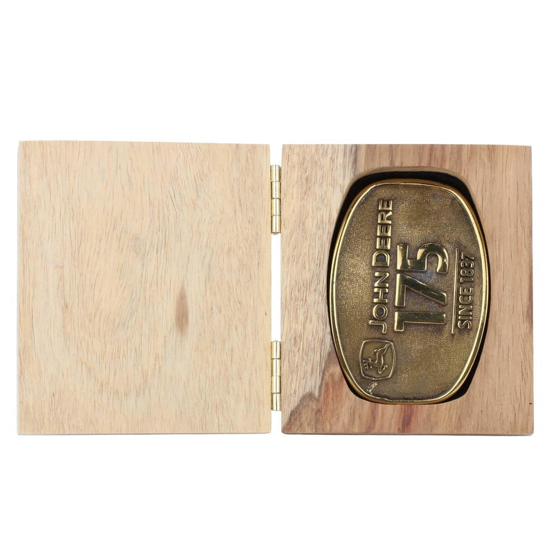 Vintage John Deere 175th Anniversary Solid Brass Belt Buckle in Custom Wood Case