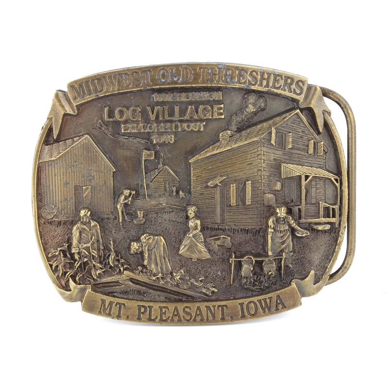 Vintage Midwest Old Threshers 1992 Reunion Log Village Mt Pleasant Iowa LE Belt Buckle