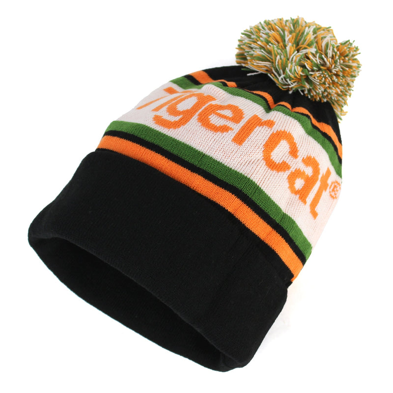 Multi-Colored Tigercat Beanie with Pom-Pom - Black, White, Orange & Green