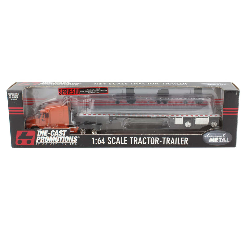 1/64 Orange Freightliner Semi Truck with Spread Axle Wilson Roadbrute Flatbed Trailer by DCP