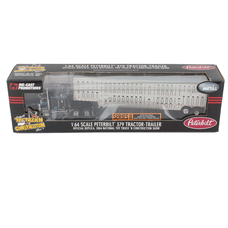 1/64 Black Peterbilt 379 Semi Truck with Livestock Trailer by DCP, 2004 National Toy Truck 'N Construction Show