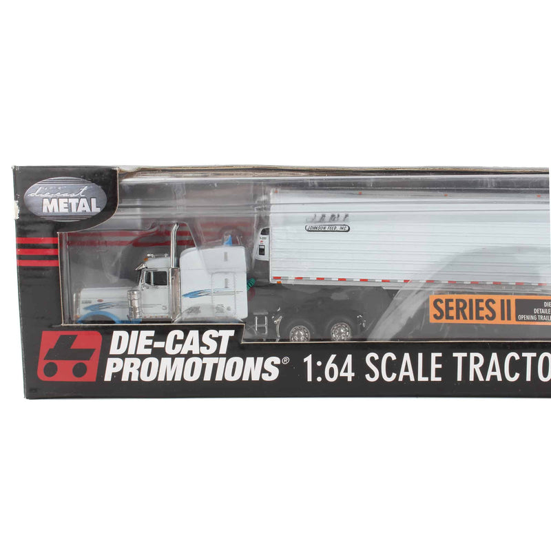 1/64 White & Blue Peterbilt 379 with Sleeper & 53ft Reefer, Johnson Feed Inc by DCP