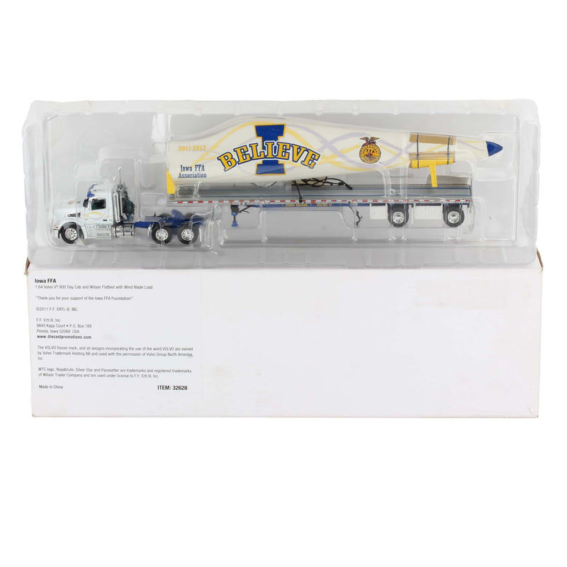 1/64 Iowa FFA Volvo VT 800 Day Cab Semi Truck with Wilson Flatbed Trailer & Wind Blade Load by DCP