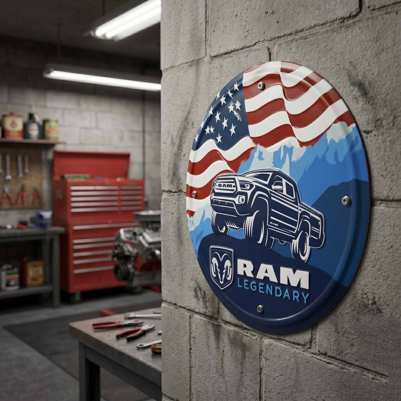 Dodge RAM Legendary Embossed 11.75in Round Tin Sign