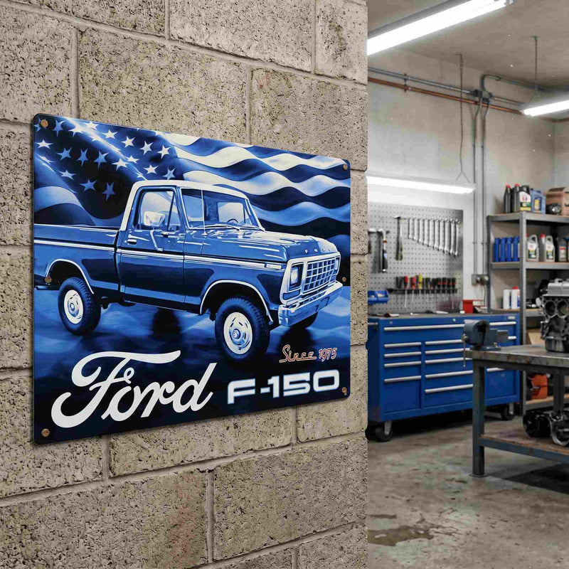 Ford F-150 Since 1975 Patriotic Artwork Tin Sign 10.75" x 8.25"