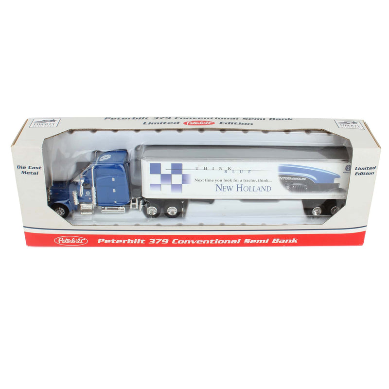 1/64 New Holland Think Blue Peterbilt 379 Semi Truck & Trailer Diecast Bank by SpecCast