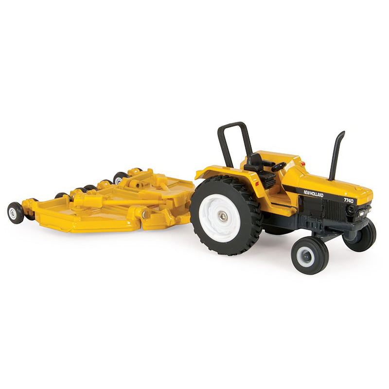 1/64 New Holland 7740 Yellow Industrial Tractor with Flex Wing Mower by ERTL