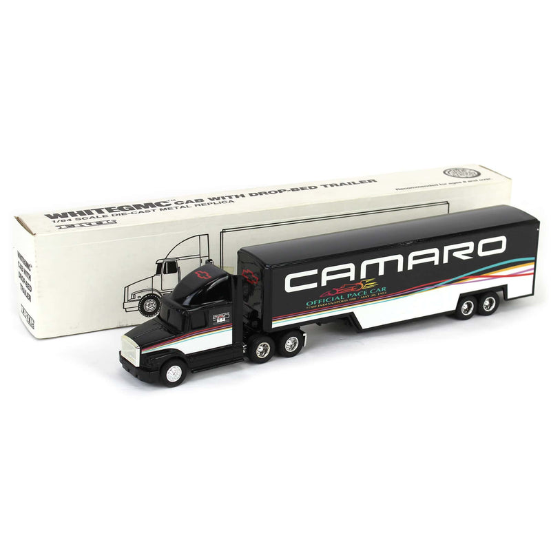 1/64 WhiteGMC Cab w/ Chevrolet Camero Drop-Bed Trailer by ERTL