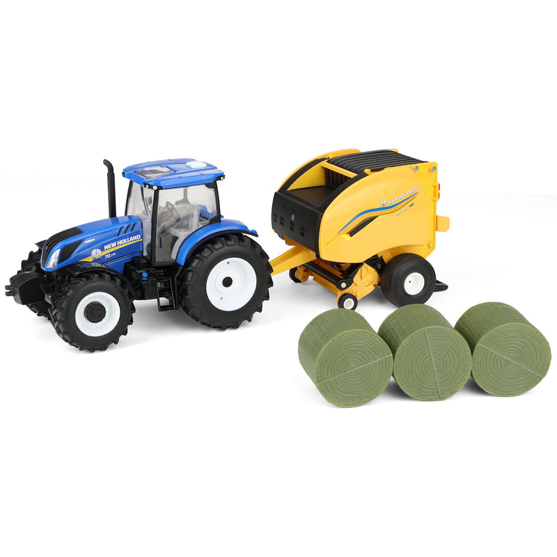 1/32 New Holland T6.175 Tractor with 561 Roll-Belt Baler & 3 Round Bales by ERTL