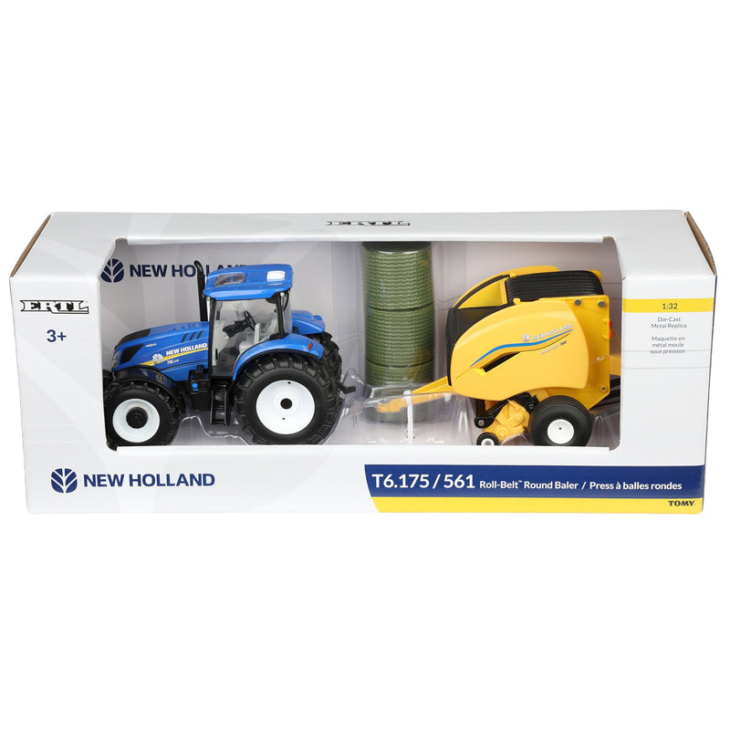 1/32 New Holland T6.175 Tractor with 561 Roll-Belt Baler & 3 Round Bales by ERTL