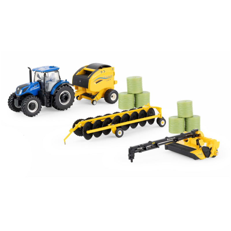 1/64 New Holland Haying Set by ERTL with T7.230 Tractor, 313 PLUS Discbine, 561 Roll-Belt Round Baler, Hay Rake & 6 Round Bales