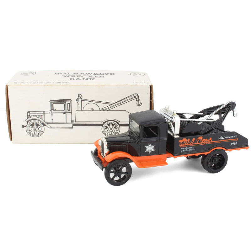 1/34 1931 Hawkeye Wrecker Diecast Metal Bank by ERTL, Old Cars Iola, Wisconsin