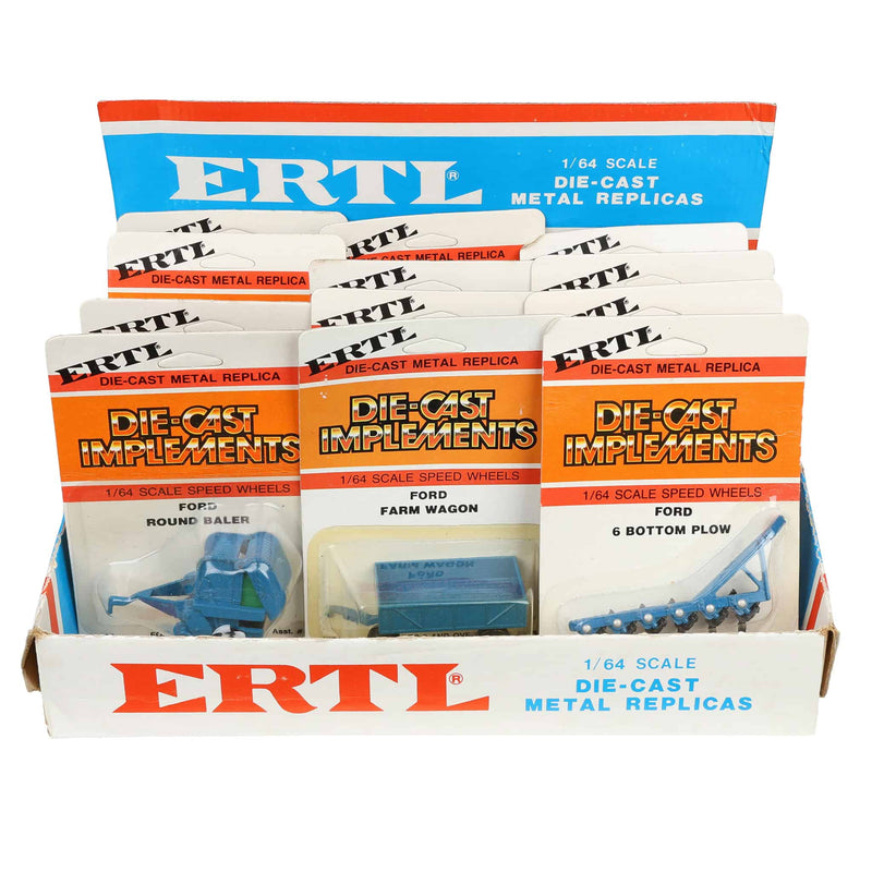 1970s/1980s ERTL Store Counter Advertising Display Box with Twelve (12) 1/64 Ford Implements