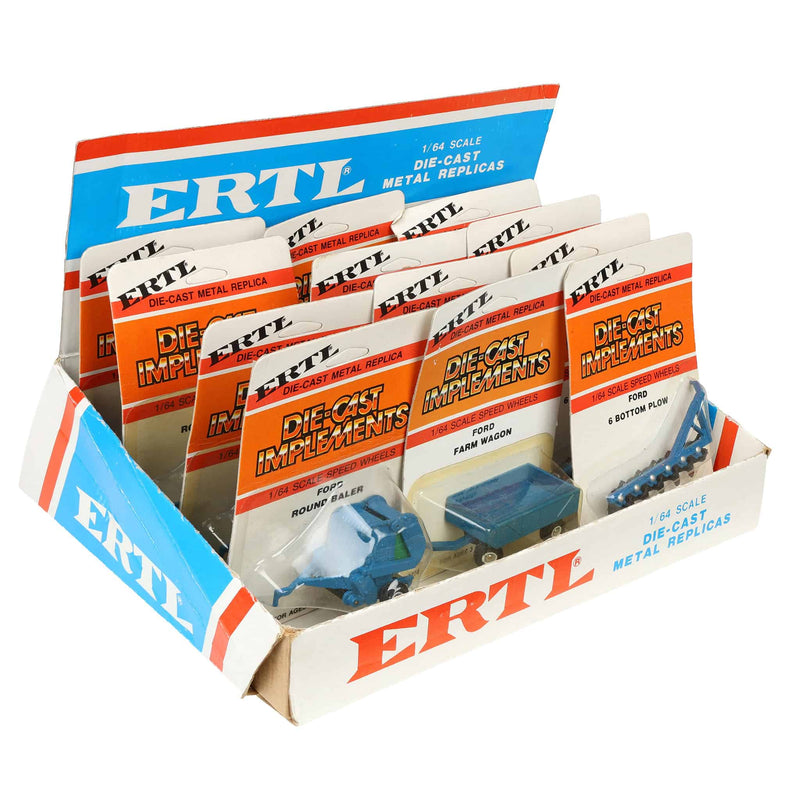 1970s/1980s ERTL Store Counter Advertising Display Box with Twelve (12) 1/64 Ford Implements