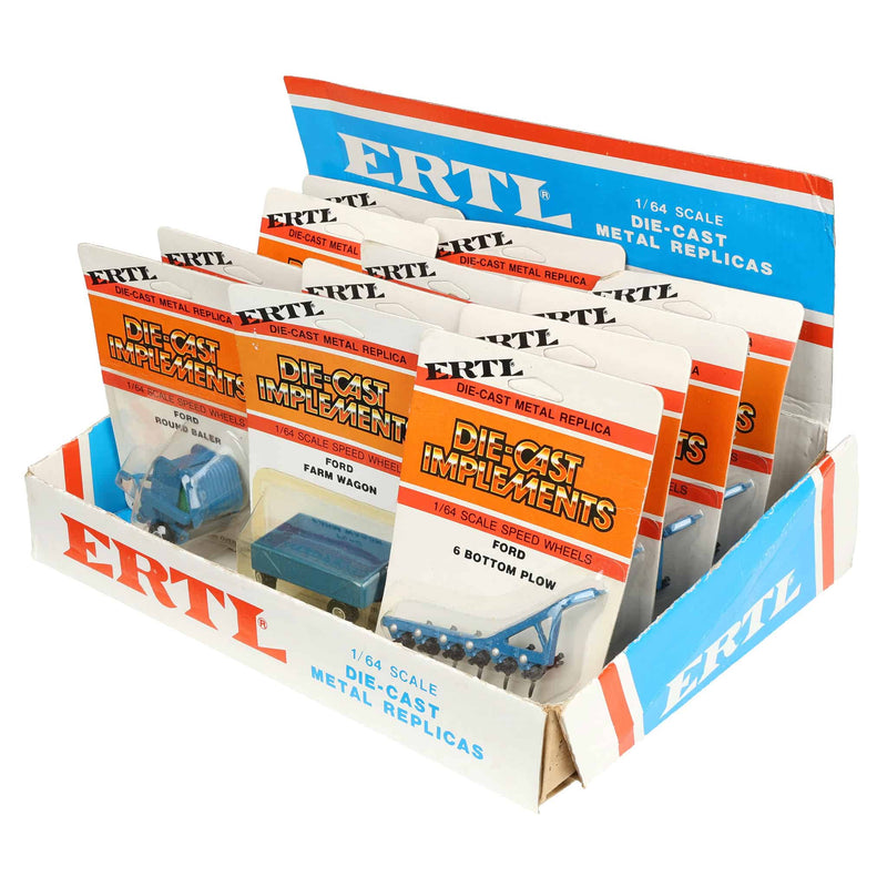 1970s/1980s ERTL Store Counter Advertising Display Box with Twelve (12) 1/64 Ford Implements