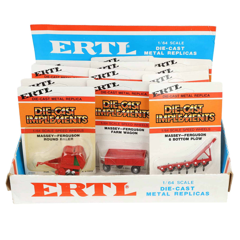 1970s/1980s ERTL Store Counter Advertising Display Box with Twelve (12) 1/64 Massey Ferguson Implements