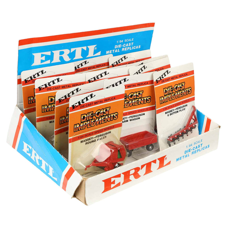 1970s/1980s ERTL Store Counter Advertising Display Box with Twelve (12) 1/64 Massey Ferguson Implements