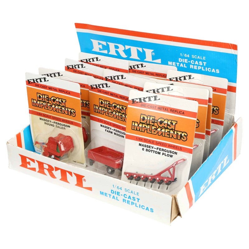 1970s/1980s ERTL Store Counter Advertising Display Box with Twelve (12) 1/64 Massey Ferguson Implements