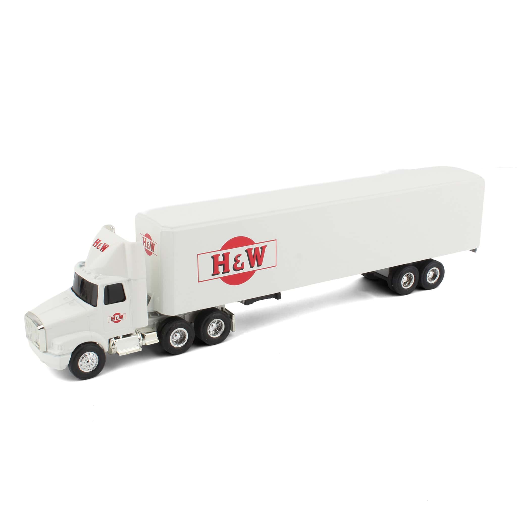 WHITEGMC cab with drop-bed trailerミニカー 1/64 WhiteGMC Aero Conventional Cab Semi Truck & Box Trailer, H&W