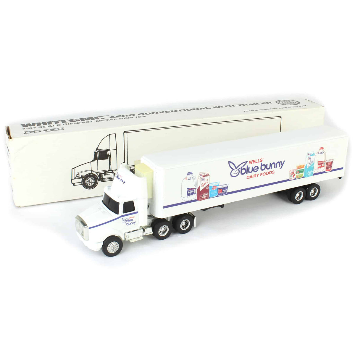 1/64 WhiteGMC Aero Conventional Semi with Wells Dairy Blue Bunny