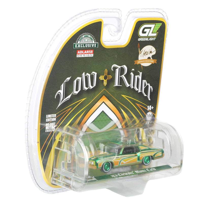 Green Chrome Chase Unit ~ 1/64 1970 Chevrolet Monte Carlo Lowrider, Michael Heralda Special Edition, Hobby Exclusive