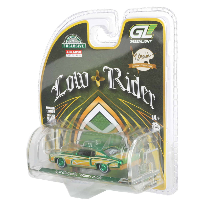 Green Chrome Chase Unit ~ 1/64 1970 Chevrolet Monte Carlo Lowrider, Michael Heralda Special Edition, Hobby Exclusive