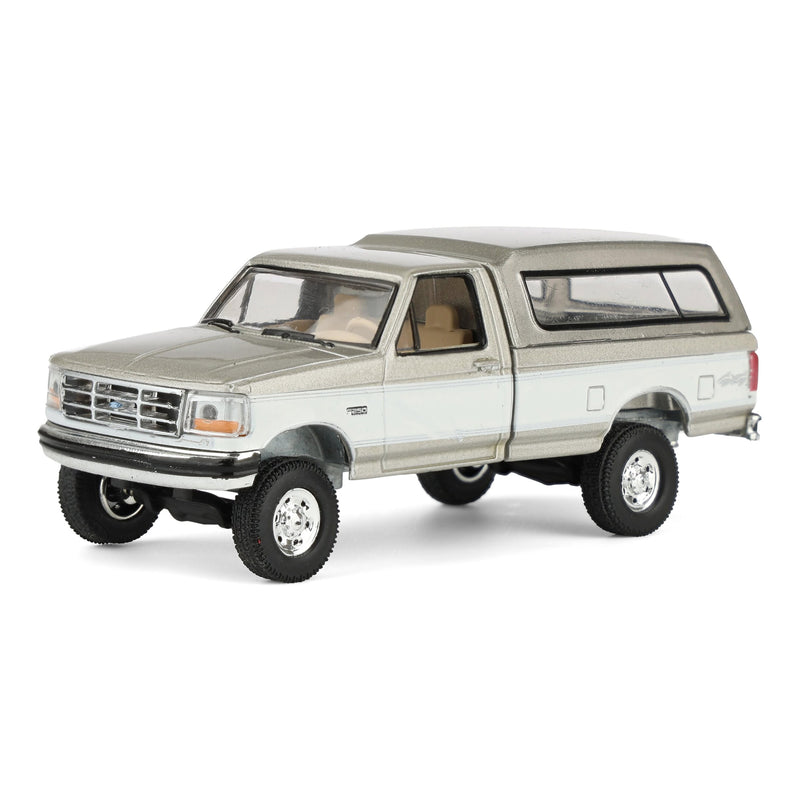 1/64 1997 Ford F-250 4x4 Pickup Truck with Bed Cap, Beige & White, Rick's Auto Sales, LP Diecast Exclusive