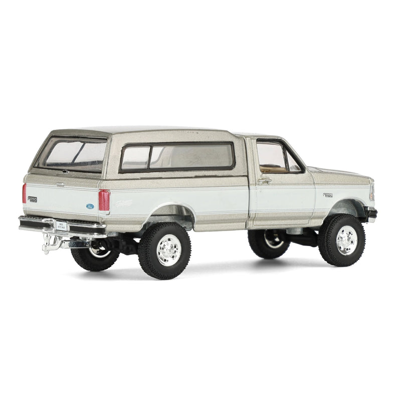 1/64 1997 Ford F-250 4x4 Pickup Truck with Bed Cap, Beige & White, Rick's Auto Sales, LP Diecast Exclusive