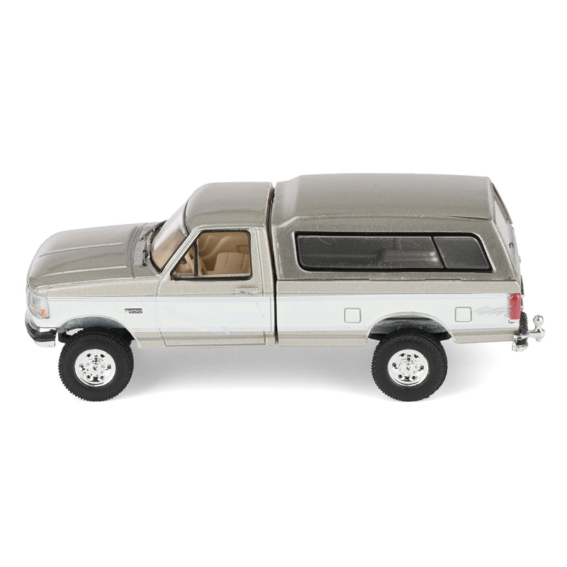 1/64 1997 Ford F-250 4x4 Pickup Truck with Bed Cap, Beige & White, Rick's Auto Sales, LP Diecast Exclusive