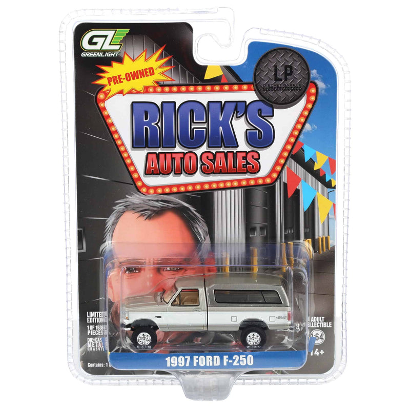 1/64 1997 Ford F-250 4x4 Pickup Truck with Bed Cap, Beige & White, Rick's Auto Sales, LP Diecast Exclusive