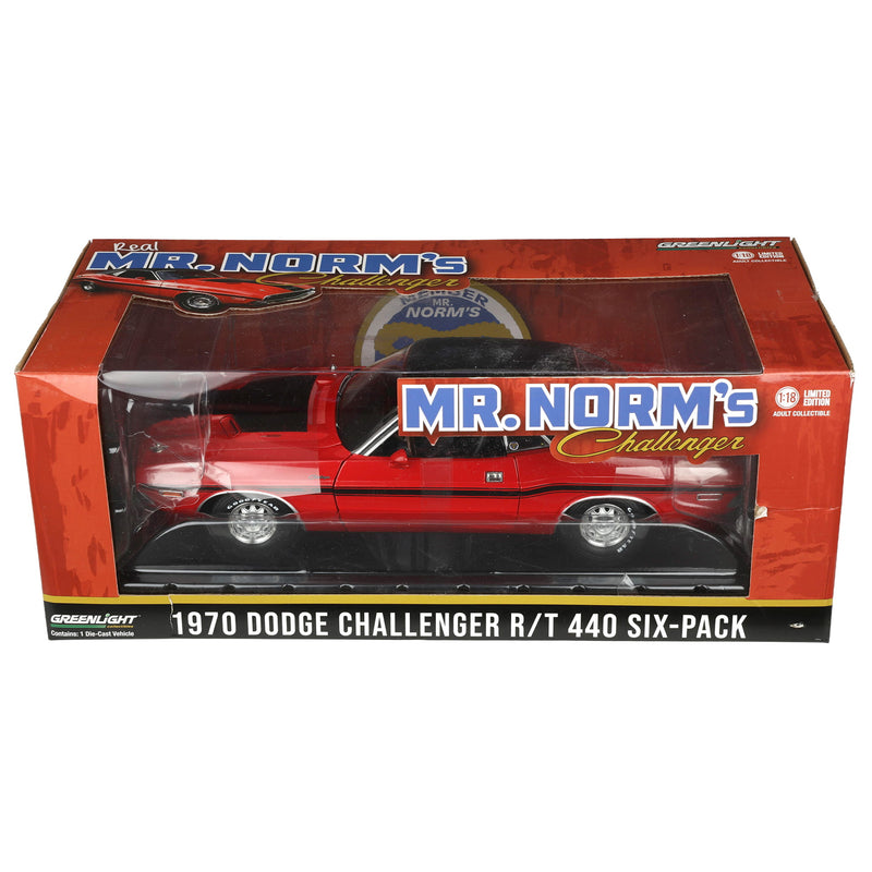 1/18 1970 Dodge Challenger R/T 440 Six-Pack, Mr. Norm's Spaulding Dodge, Red with Black Interior