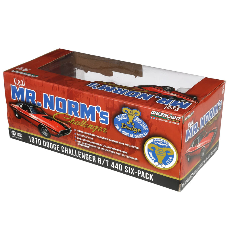 1/18 1970 Dodge Challenger R/T 440 Six-Pack, Mr. Norm's Spaulding Dodge, Red with Black Interior