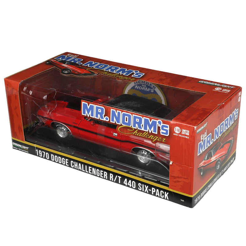 1/18 1970 Dodge Challenger R/T 440 Six-Pack, Mr. Norm's Spaulding Dodge, Red with Black Interior