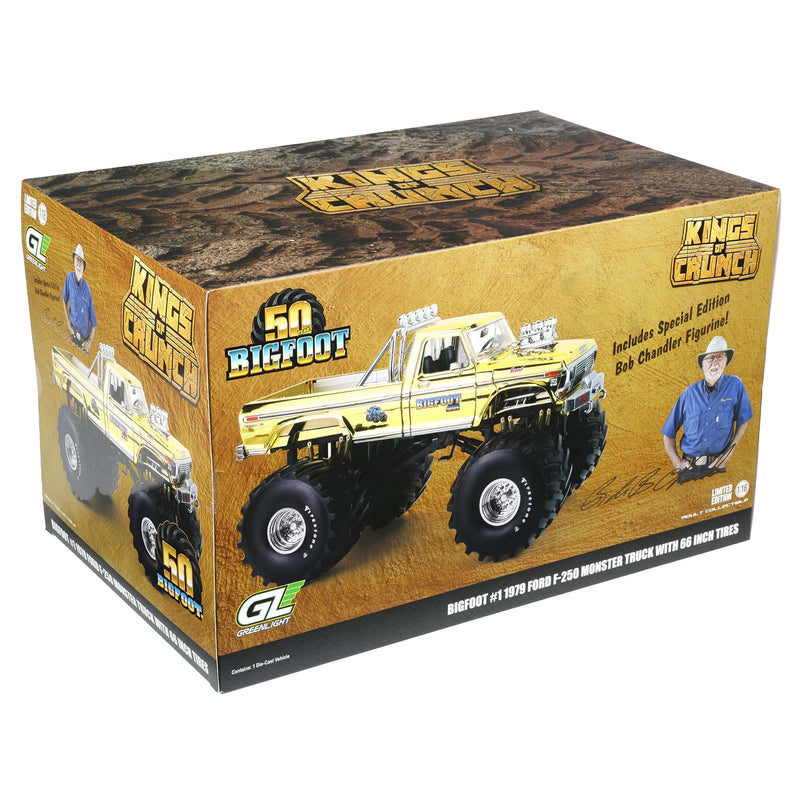 1/18 Gold Chrome Bigfoot #1 50th Anniversary 1979 Ford F-250 Monster Truck with Bob Chandler Figurine, Limited Edition