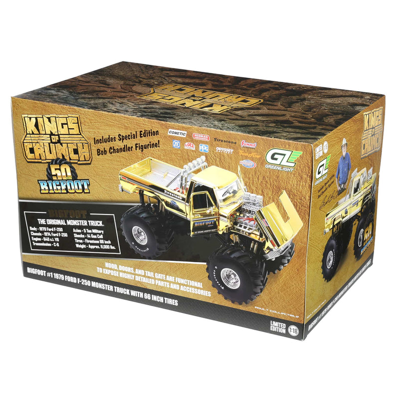1/18 Gold Chrome Bigfoot #1 50th Anniversary 1979 Ford F-250 Monster Truck with Bob Chandler Figurine, Limited Edition