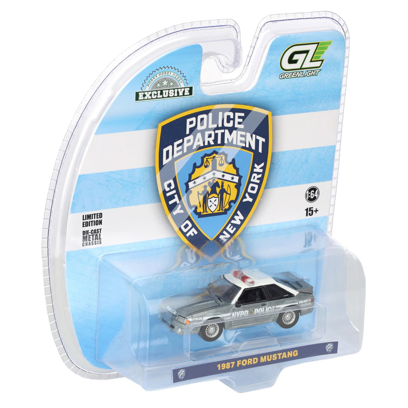 Raw Chase Unit ~ 1/64 1987 Ford Mustang Foxbody, New York City Police Department (NYPD), Hobby Exclusive by GreenLight Collectibles