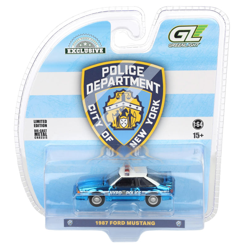 Blue Chrome Chase Unit ~ 1/64 1987 Ford Mustang Foxbody, New York City Police Department (NYPD), Hobby Exclusive by GreenLight Collectibles