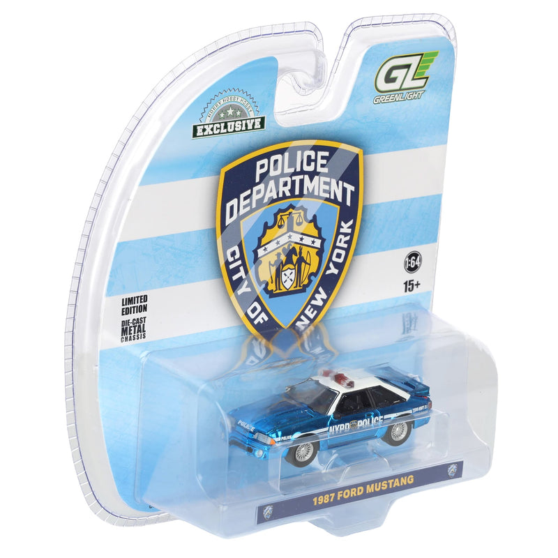 Blue Chrome Chase Unit ~ 1/64 1987 Ford Mustang Foxbody, New York City Police Department (NYPD), Hobby Exclusive by GreenLight Collectibles