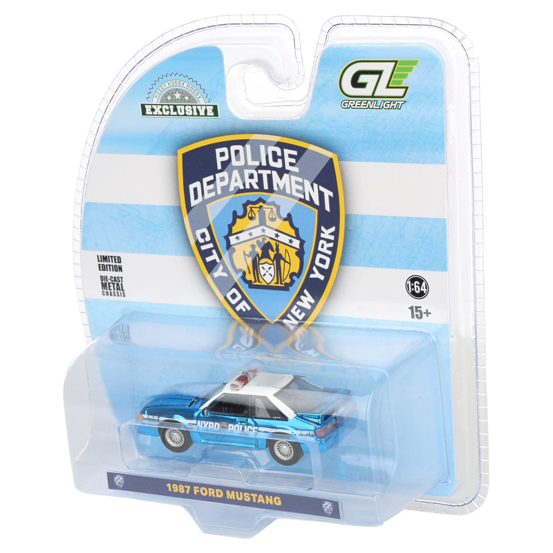 Blue Chrome Chase Unit ~ 1/64 1987 Ford Mustang Foxbody, New York City Police Department (NYPD), Hobby Exclusive by GreenLight Collectibles