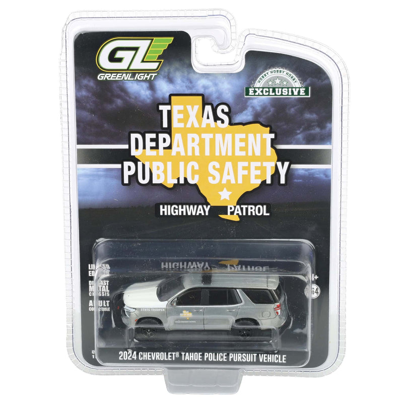 Raw Chase Unit ~ 1/64 2024 Chevrolet Tahoe Police Pursuit Vehicle, Texas Highway Patrol, Hobby Exclusive Hot Pursuit