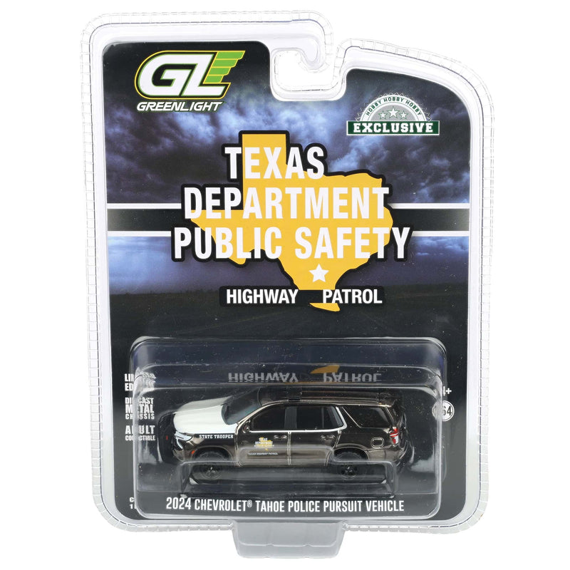 Charcoal Chrome Super Chase Unit ~ 1/64 2024 Chevrolet Tahoe Police Pursuit Vehicle, Texas Highway Patrol, Hobby Exclusive Hot Pursuit