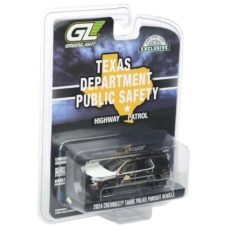 Charcoal Chrome Super Chase Unit ~ 1/64 2024 Chevrolet Tahoe Police Pursuit Vehicle, Texas Highway Patrol, Hobby Exclusive Hot Pursuit