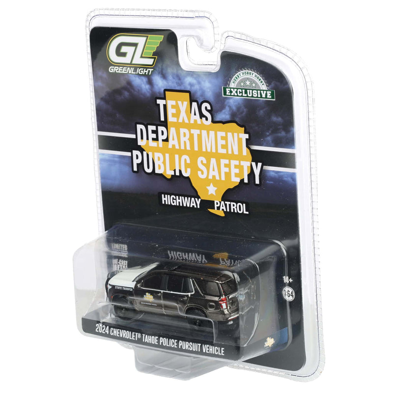 Charcoal Chrome Super Chase Unit ~ 1/64 2024 Chevrolet Tahoe Police Pursuit Vehicle, Texas Highway Patrol, Hobby Exclusive Hot Pursuit