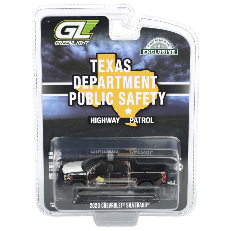 Charcoal Chrome Super Chase Unit ~ 1/64 2023 Chevrolet Silverado Police Pickup Truck, Texas Department of Public Safety, Hobby Exclusive Hot Pursuit